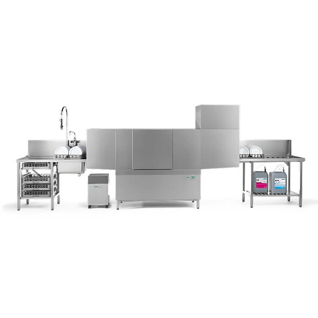 Tren de Arrastre de Canastillas y Cestas WINTERHALTER Características:

El C50-M es un lavavajillas de arrastre de canastillas y cestas que destaca por su alto rendimiento y flexibilidad. Diseñado para entornos con alto volumen de lavado, ofrece una capacidad de hasta 260 canastillas por hora, adaptándose a diferentes necesidades operativas gracias a sus tres niveles de velocidad. Su sistema modular permite configuraciones personalizadas, incluyendo zonas de pre lavado, secado y opciones de temperatura elevada (HighTemp). Además, cuenta con una potente calefacción de hasta 27 kW, asegurando resultados de lavado e higiene de primera calidad.

Especificaciones:

• Capacidad máxima de canastillas por hora: hasta 260
• Tamaño de la canastilla: 500 × 500 mm
• Altura útil de entrada: 450 mm
• Temperatura del tanque: 62 °C (superior a 71 °C en modo HighTemp)
• Temperatura del agua de aclarado: 85 °C
• Capacidad del tanque de aclarado: 95 L
• Bomba de lavado: 1.6 kW
• Emisión de ruido: < 70 dB(A)
• Presión de entrada de agua: 1.5–6.0 bar
• Temperatura máxima del agua de entrada: 60 °C
• Sistema de calefacción: 18 kW (hasta 27 kW en modo HighTemp)
• Sistema de control: pantalla táctil intuitiva
• Opciones de configuración: enjuague sencillo o doble, zona de prelavado, zona de secado, curva motorizada mecánica o eléctrica, mesa de entrada recta o en esquina
• Peso: 250 Kg

Medidas:

• Frente: 190 cm
• Fondo: 130 cm
• Alto: 80 cm