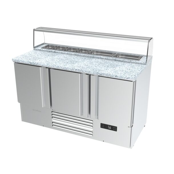 Series GN1/1 1460x700 altura 875/1140 encimera pizza, cubetas y protector, cubetas 4 de 1/6 y 2 de 1/3ME1003PIZZAINFRICO