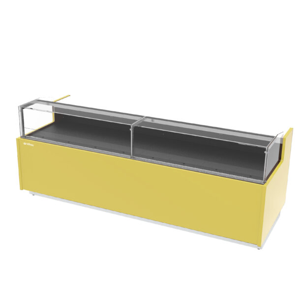 Vitrina expositora frío ventilado modular para cafeteria, panadería y pastelería con reserva serie Magnus cristal bajo 1622mm. Cr. BajoVMG15RULGINFRICO