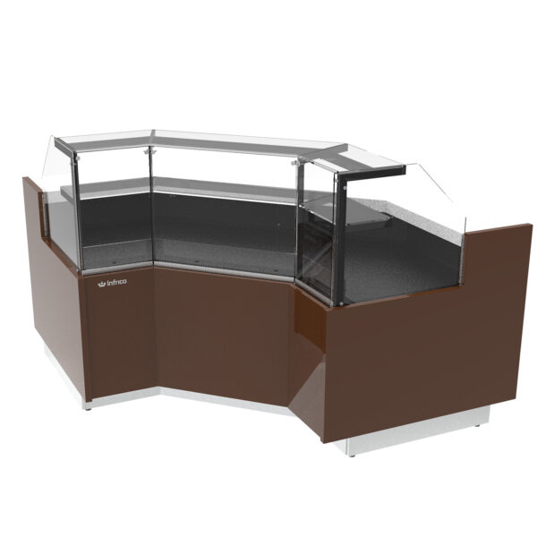 Vitrina expositora frío ventilado modular para cafeteria, panadería y pastelería con reserva serie Magnus. Serie Incorporada de cerrado abierto 90VMG90ACRUINFRICO