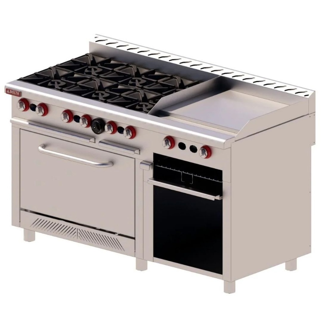 [11112041] Estufa 6 Quemadores 24" + Plancha + Gratinador 61" Acero Inox y Aluminizado H6-GA MIX DELTA