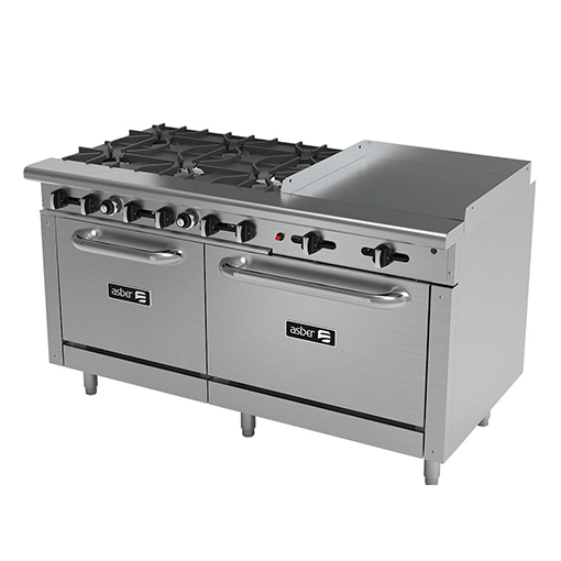 [100012] Estufa Multiple Industrial 6 Quemadores, Plancha, Gratinador, Respaldo Con Repisa y 2 Hornos AEMR-2-RG24-B6-60-H ASBER