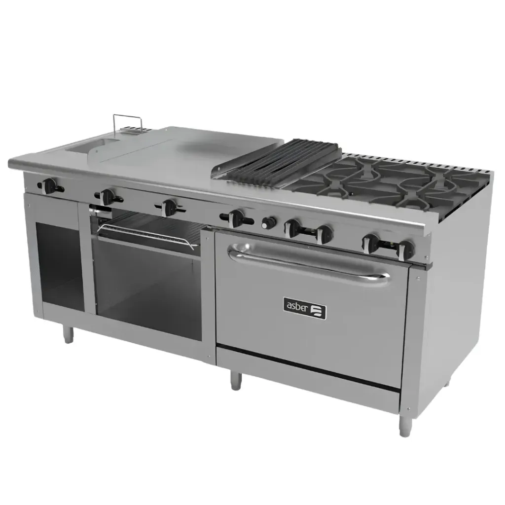 [100072] Estufa Múltiple 4 Quemadores, Plancha, Asador, Gratinador, Freidora, Horno AMR-72 ASBER