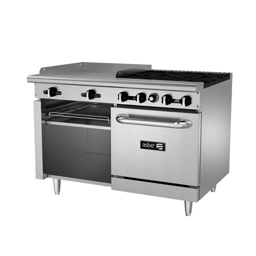 Estufa Multiple Industrial 4 Quemadores, Plancha, Gratinador y Horno AEMR-G24-B4-48-H ASBER