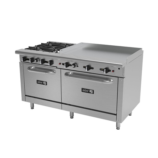 Estufa Multiple Industrial 4 Quemadores, Plancha y 2 Hornos AEMR-2-G36-B4-60-H ASBER