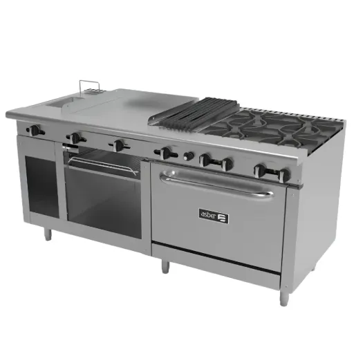 Estufa Múltiple 4 Quemadores, Plancha, Asador, Gratinador, Freidora, Horno AMR-72 ASBER